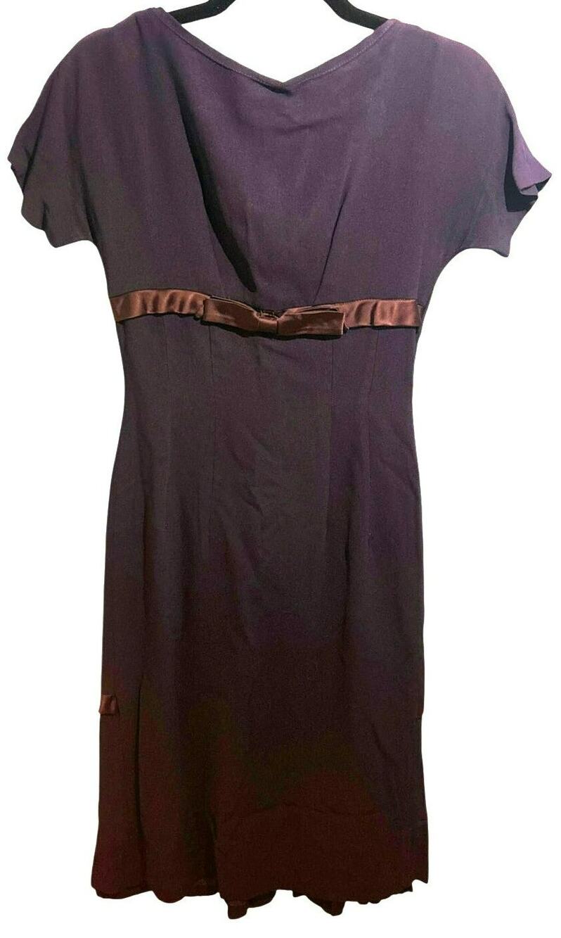VTG 1950s Navy Blue Crepe Drop Waist Cocktail Dress Satin Bow Pleated Skirt M